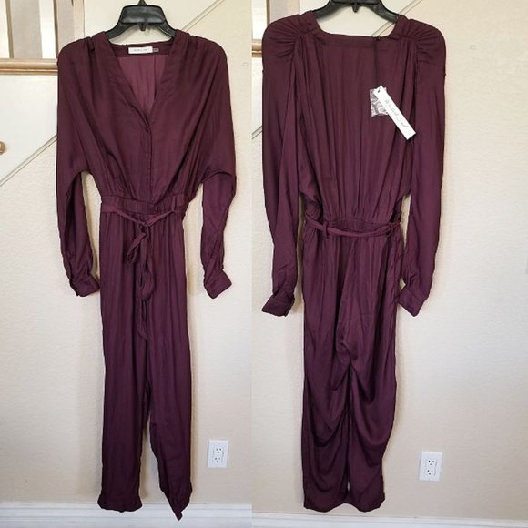 Wine Long Sleeve Tie Waist Satin Crepe Jumpsuit 2 - Picture 2 of 5